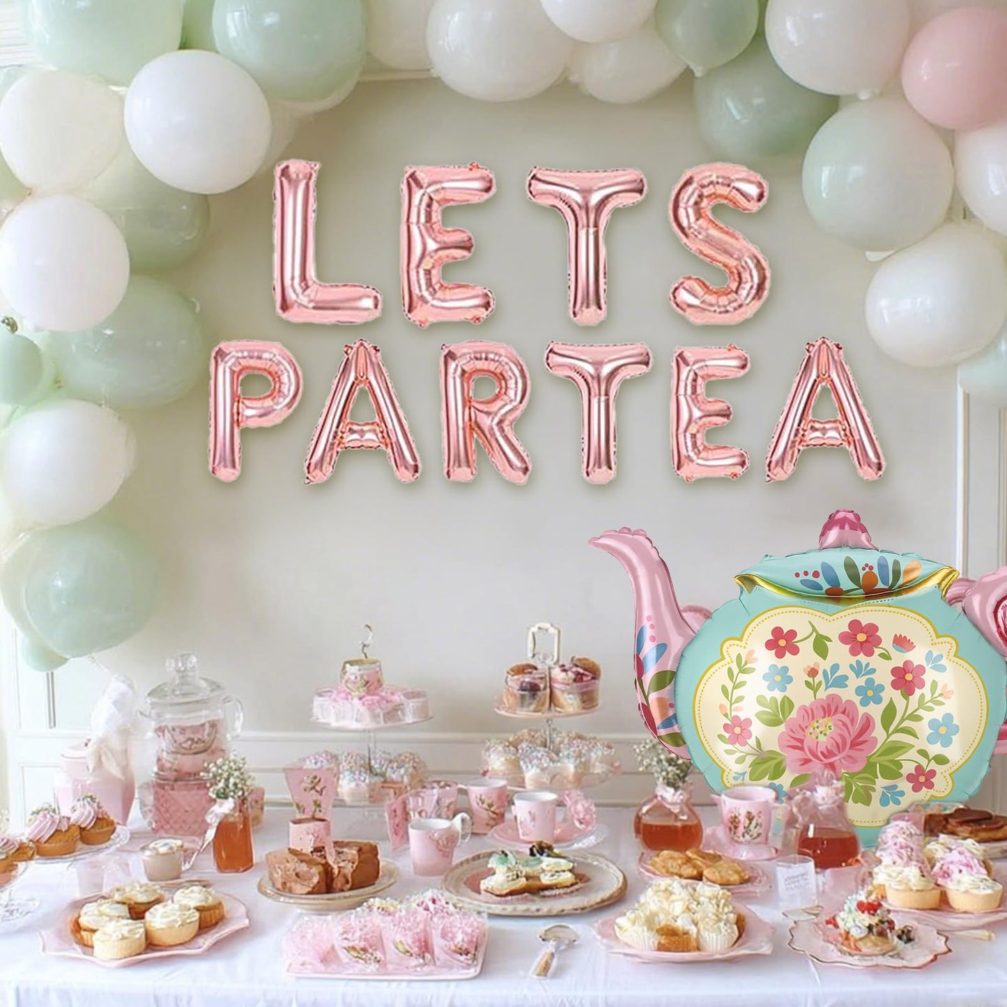 LET'S PAR TEA Banner Balloons, 35" Huge Teapot Aluminum Foil Balloons for Birthday, Baby Shower, Wedding, Bridal, Engagement, Bachelorette, Princess, Garden Party Decorations Supplies