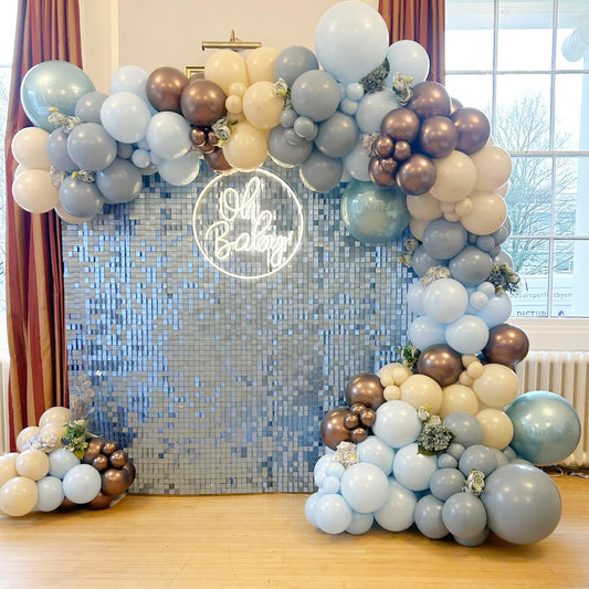 DBKL Dusty Baby Blue Balloon Arch Garland Kit, Different Sizes 18 12 10 5 inch Pastel Baby Blue Slate Fog Ivory White Metallic Gold Balloons for Men Boy Baby Shower Birthday Wedding Party Supplies