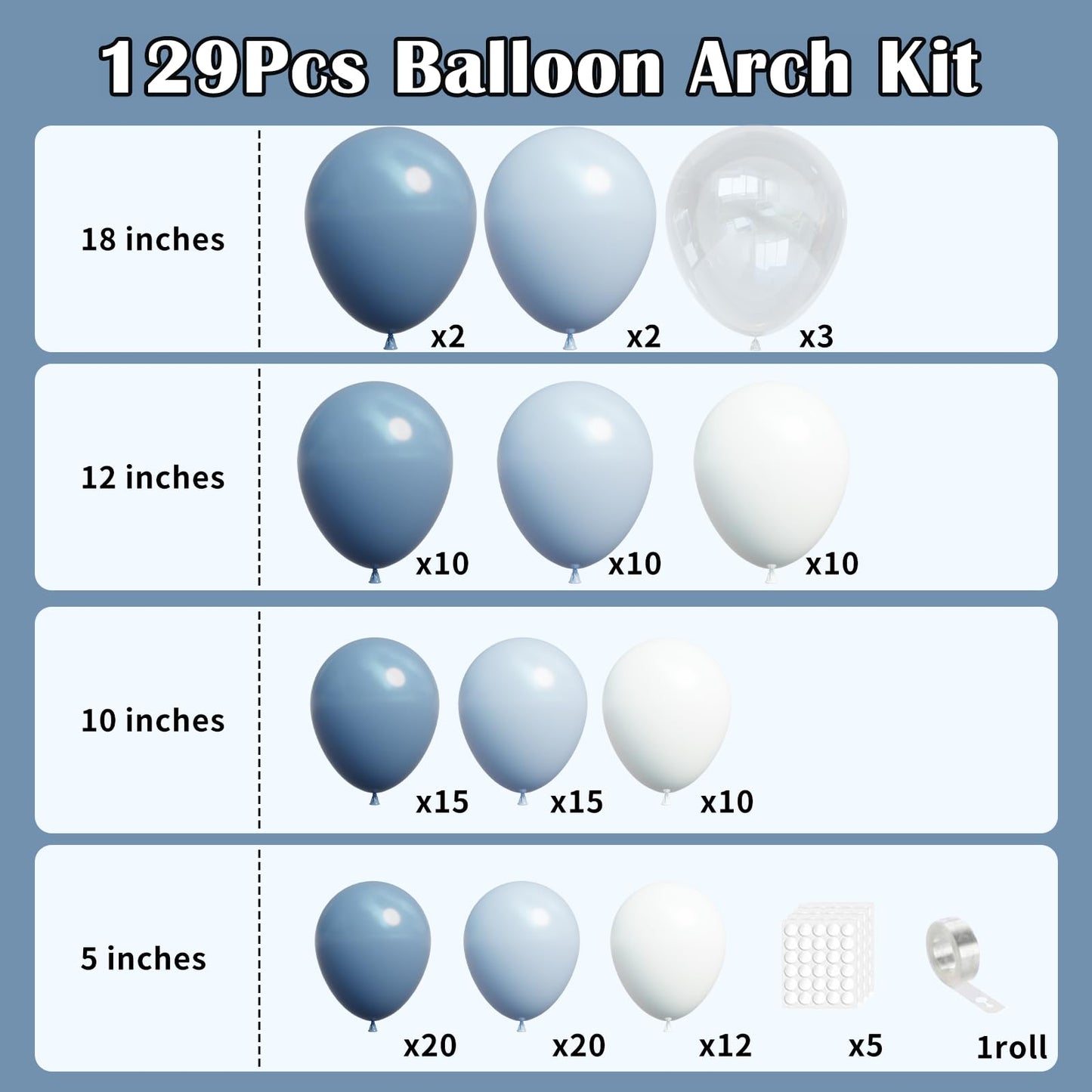 Myafqsj Dusty Blue Balloon Arch Kit,129Pcs Dusty Blue and White Party Balloons for Boys Baby Shower Gender Reveal Birthday Wedding Bridal Shower Decorations