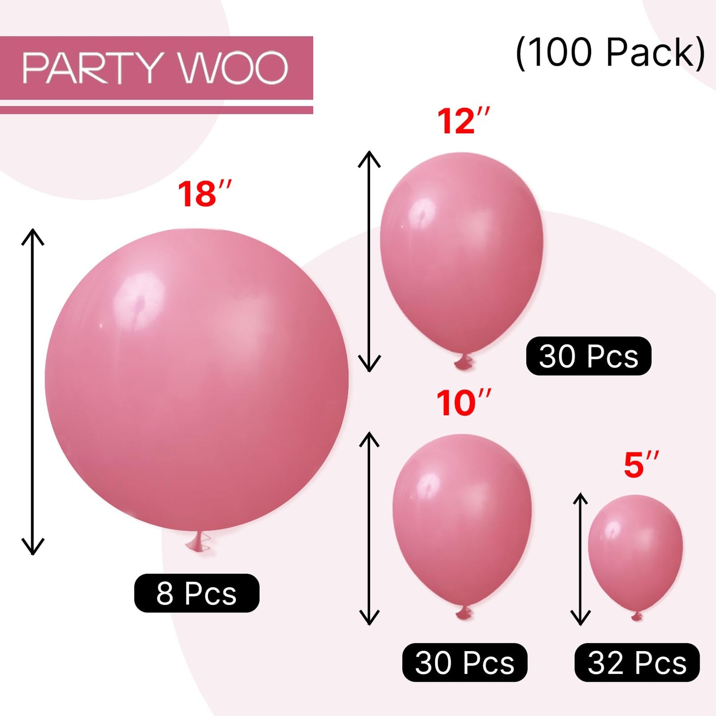 PartyWoo Mauve Balloons 100pcs Different Sizes of 18 12 10 5 Inch Dusty Pink Rose Blush Boho Netural Balloon Arch Kit Garland for Baby Shower Wedding Engagement Birthday Party Decorations Pink-F02