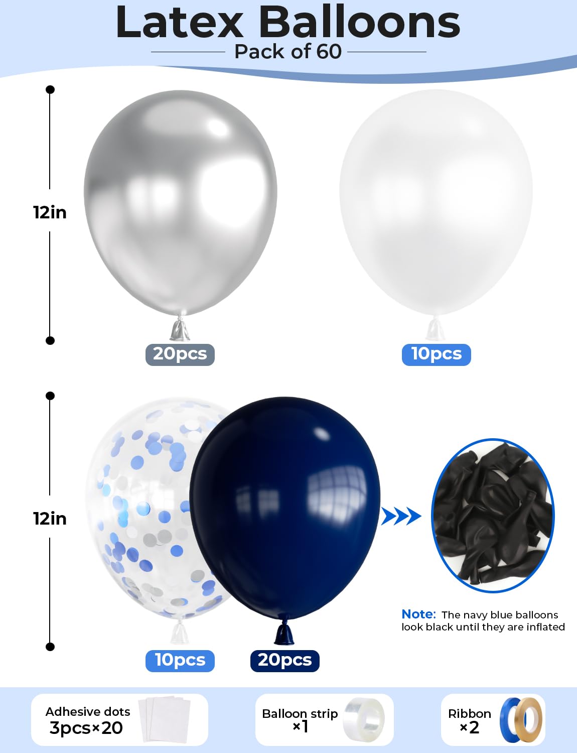 Navy Blue and Silver Balloons,12 Inch 60pcs Navy Blue Balloons with Silver Confetti Balloon,Pearl White Latex Balloon for Graduation,Birthday,Baby Shower,Anniversary,Wedding,Party