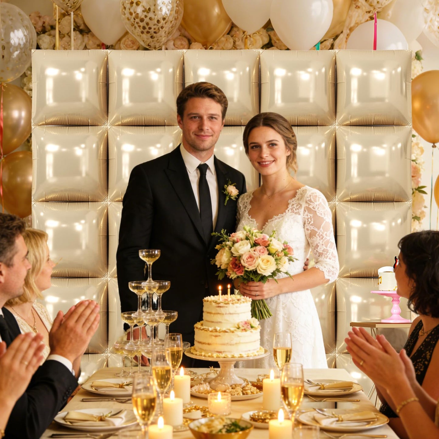 NISOCY 25PCS Beige Square Foil Balloons Wall Backdrop Double Sided Sand White Balloon Arch Kit for Birthday Baby Bridal Shower Wedding Engagement Gender Reveal Party Decoration