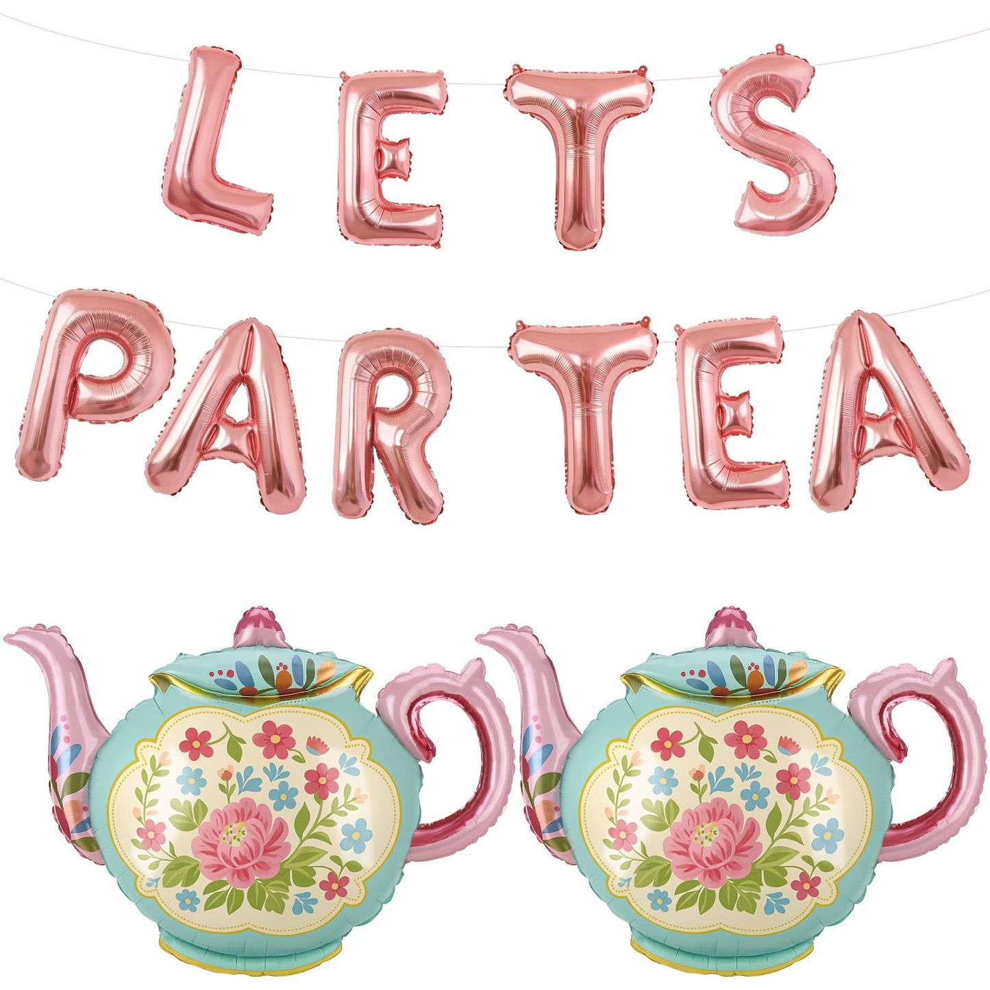 LET'S PAR TEA Banner Balloons, 35" Huge Teapot Aluminum Foil Balloons for Birthday, Baby Shower, Wedding, Bridal, Engagement, Bachelorette, Princess, Garden Party Decorations Supplies