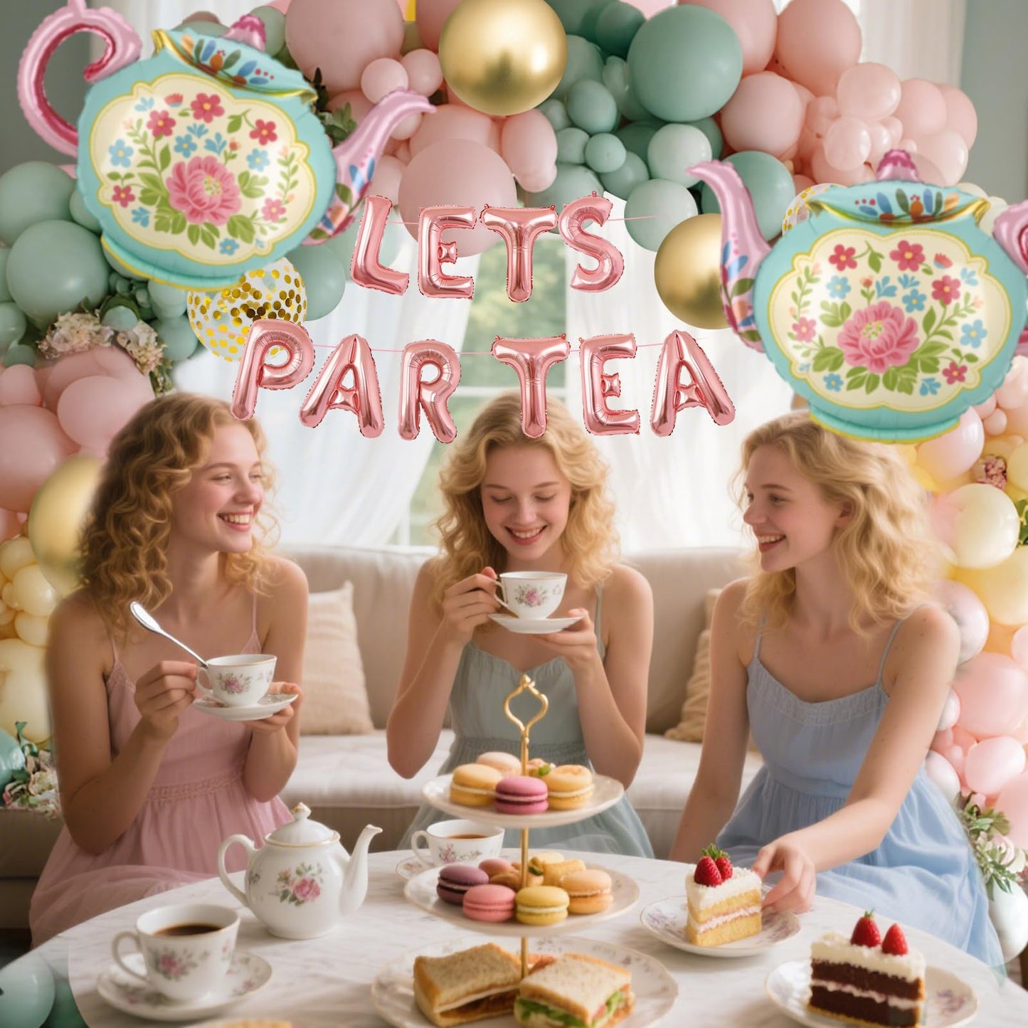 LET'S PAR TEA Banner Balloons, 35" Huge Teapot Aluminum Foil Balloons for Birthday, Baby Shower, Wedding, Bridal, Engagement, Bachelorette, Princess, Garden Party Decorations Supplies