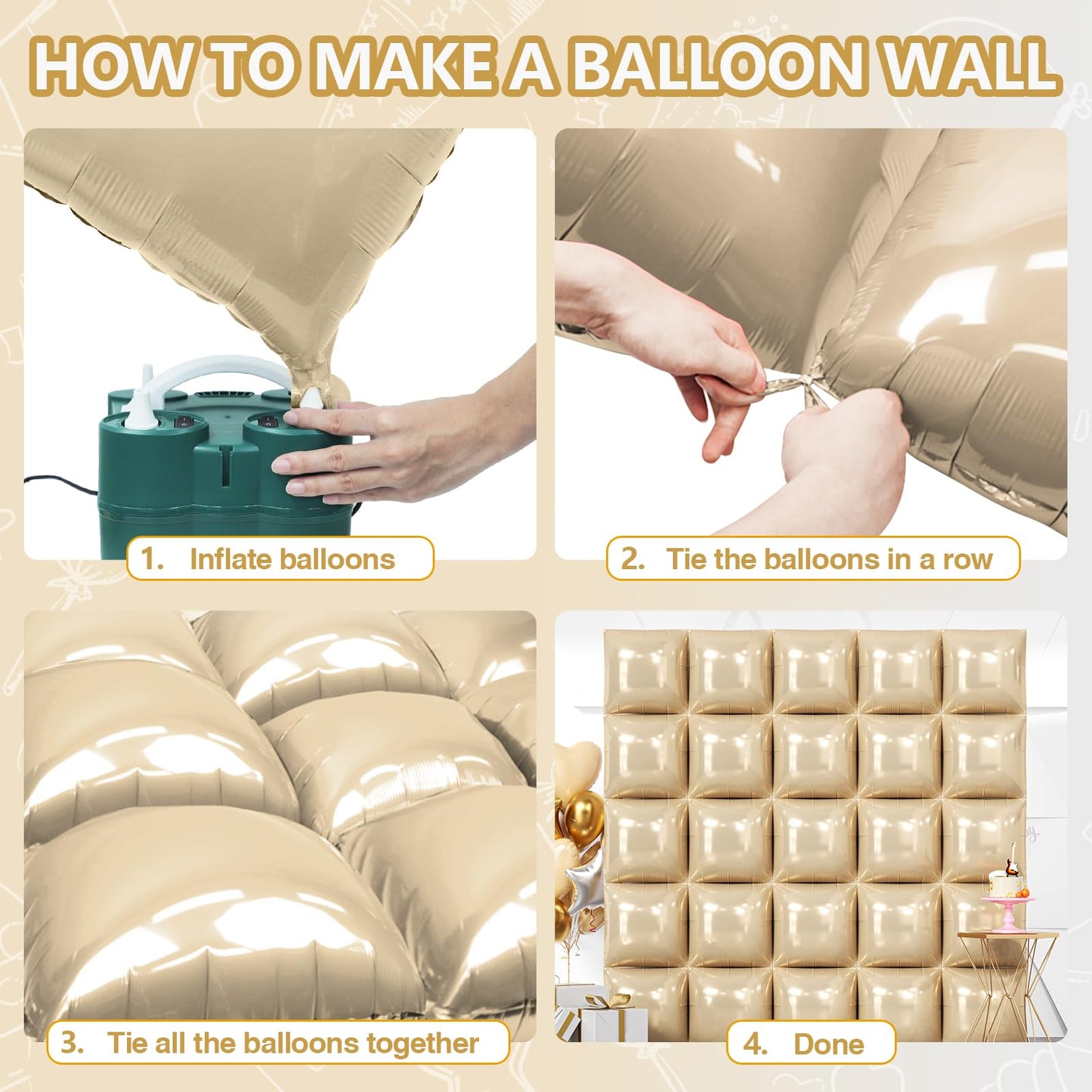 NISOCY 25PCS Beige Square Foil Balloons Wall Backdrop Double Sided Sand White Balloon Arch Kit for Birthday Baby Bridal Shower Wedding Engagement Gender Reveal Party Decoration