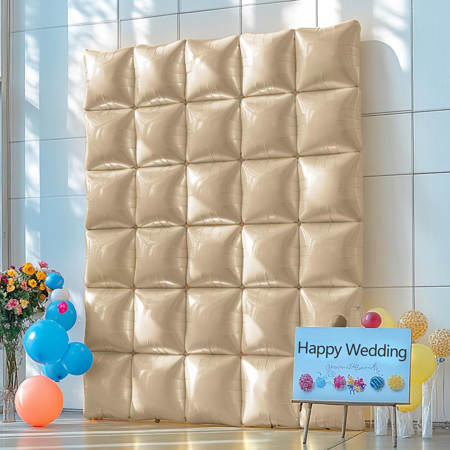 NISOCY 25PCS Beige Square Foil Balloons Wall Backdrop Double Sided Sand White Balloon Arch Kit for Birthday Baby Bridal Shower Wedding Engagement Gender Reveal Party Decoration