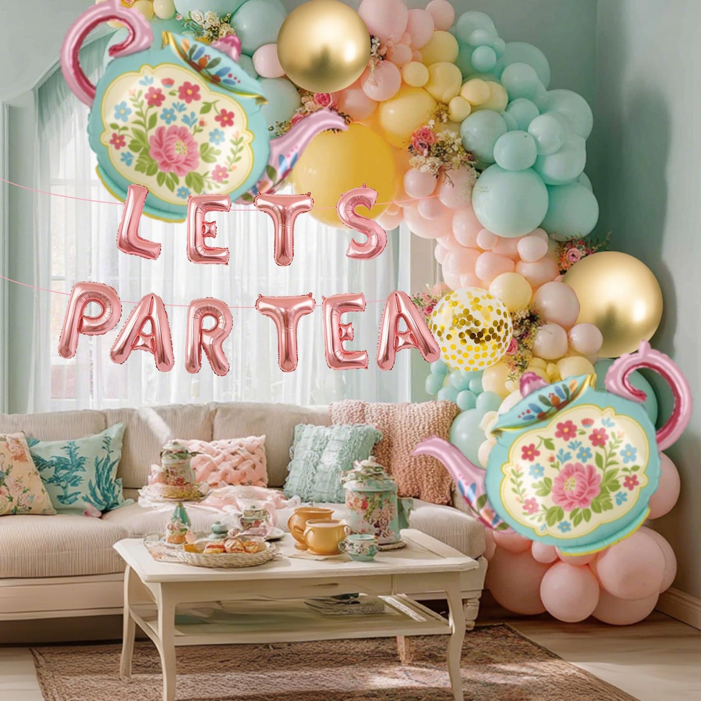 LET'S PAR TEA Banner Balloons, 35" Huge Teapot Aluminum Foil Balloons for Birthday, Baby Shower, Wedding, Bridal, Engagement, Bachelorette, Princess, Garden Party Decorations Supplies