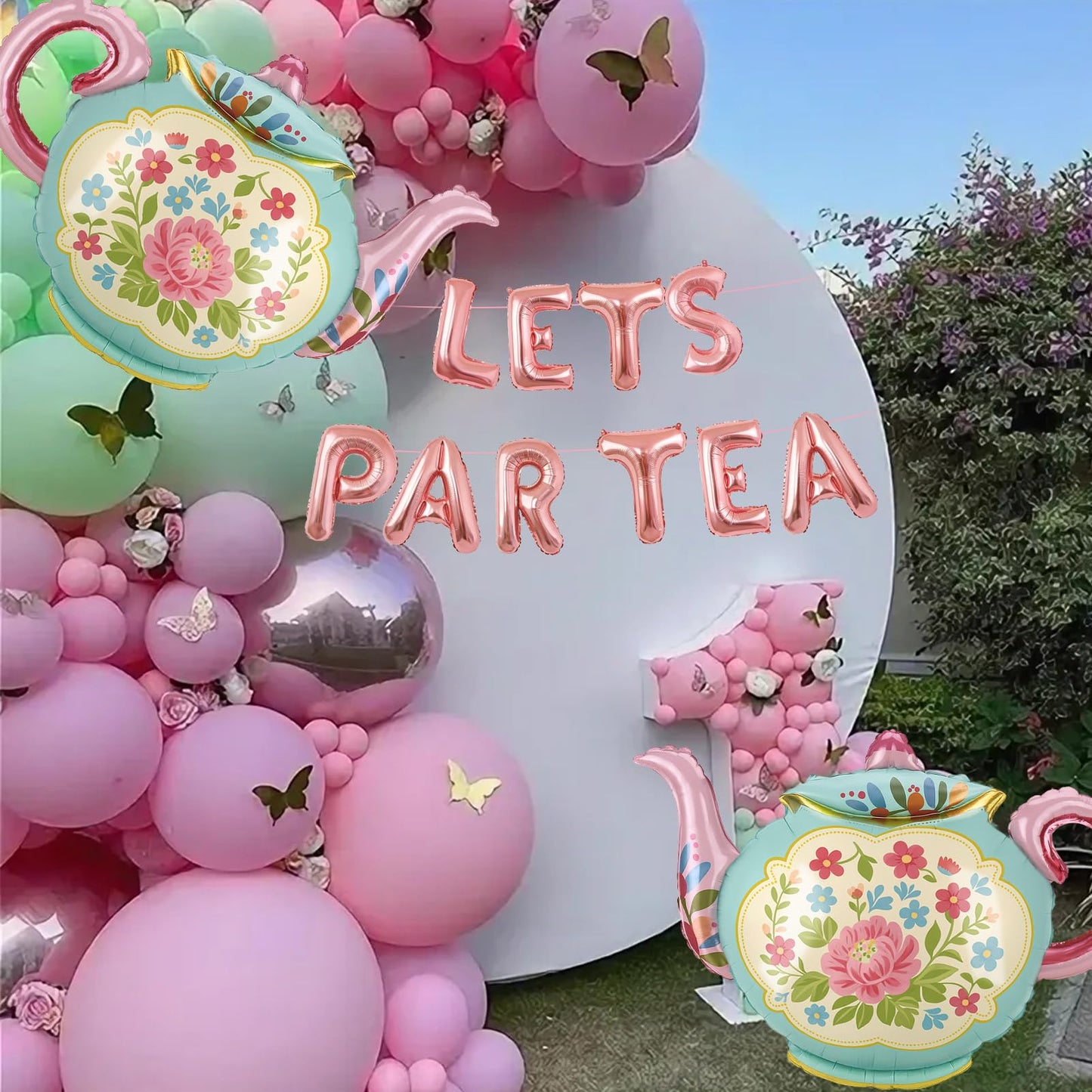 LET'S PAR TEA Banner Balloons, 35" Huge Teapot Aluminum Foil Balloons for Birthday, Baby Shower, Wedding, Bridal, Engagement, Bachelorette, Princess, Garden Party Decorations Supplies