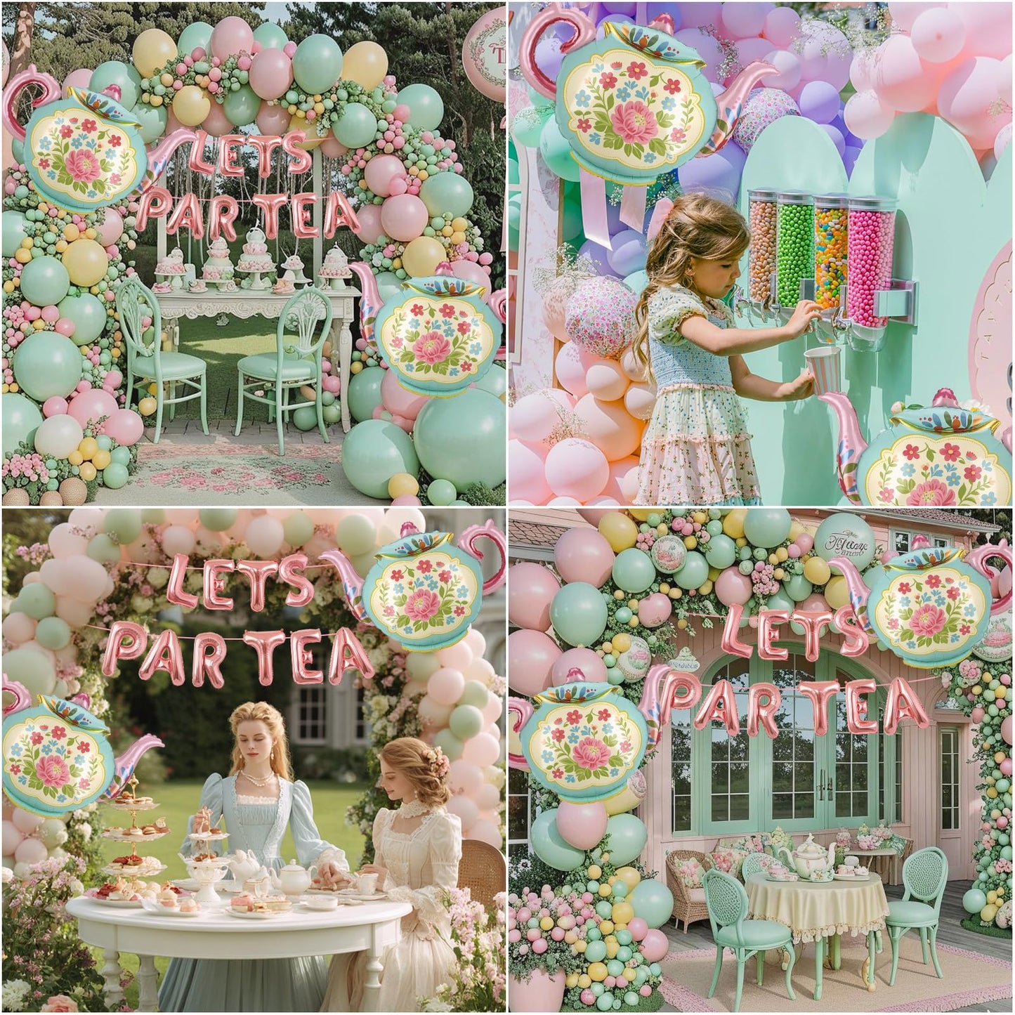 LET'S PAR TEA Banner Balloons, 35" Huge Teapot Aluminum Foil Balloons for Birthday, Baby Shower, Wedding, Bridal, Engagement, Bachelorette, Princess, Garden Party Decorations Supplies
